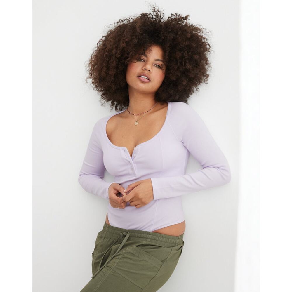 Aerie Long Sleeve‎ Henley Bodysuit Light Purple Size Large Cotton Scoop Neck